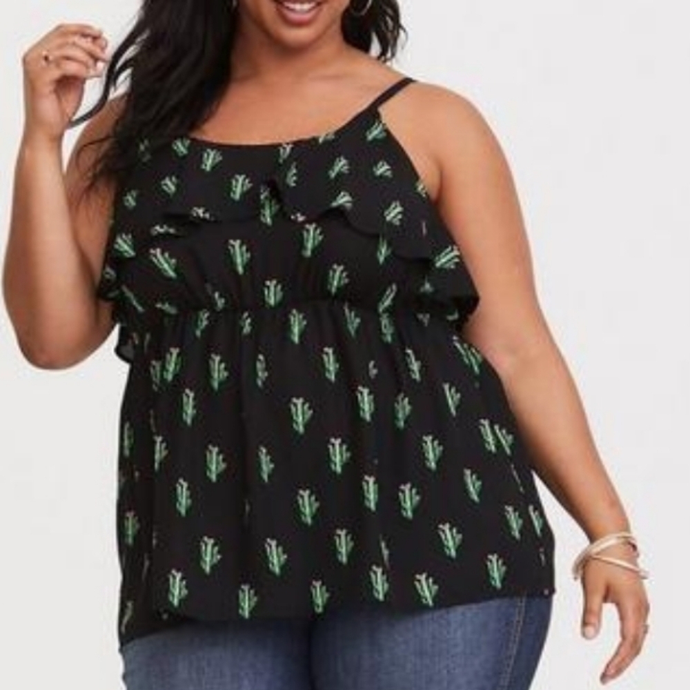 Torrid 0X Black Cactus Print Ruffle Chiffon Tank Top Adjustable Straps